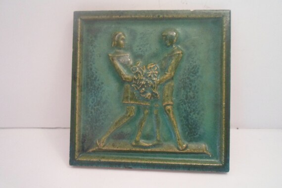 Antique Mission Arts and Crafts Green Figural Tile Man and Woman Holding Flowers Wedding Love Couple 6"Square