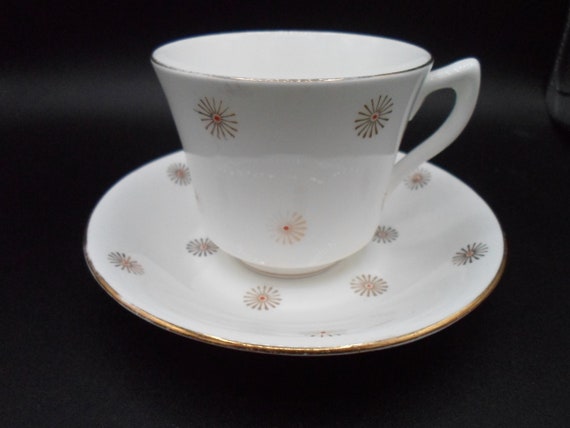 Vintage MCM Bone China Cup and Saucer Sputnik Starburst Pattern Staffordshire England