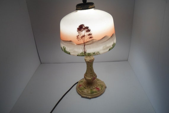 Antique Reverse Painted on Glass Lamp Art Nouveau Era Boudoir Chic Trees Mountains Scenic