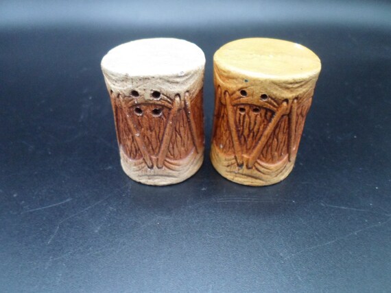 Vintage 1948 Syroco Wood Native Drum Salt and Pepper Shakers Dated MPI '48
