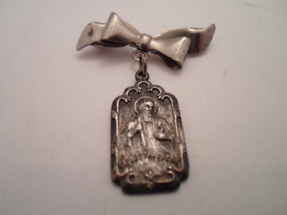 Vintage Antique Religious Silver Pin Brooch Mary Queen of the Rosary and Saint Jude Thaddeus Catholic Christian