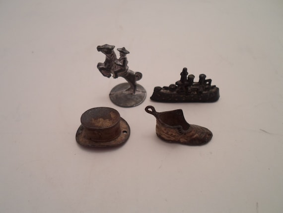 Antique Metal Monopoly Game Pieces WWII Era Cowboy on Horse Battleship Top hat Shoe Early 1940's