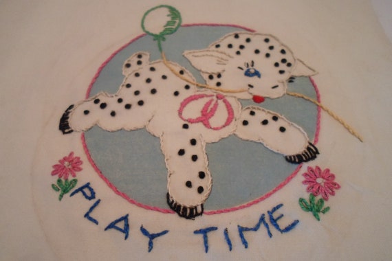 Antique Vintage Quilt Square 9" x 9" Cotton Embroidered Play Time Lamb Ready for Quilting or Framing Chic Decorating