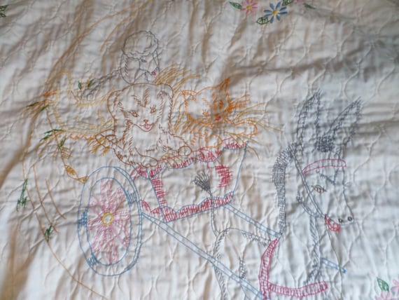 Vintage hand made baby quilt blanket donkey carriage, bunny, cat, ducks lamb 60's