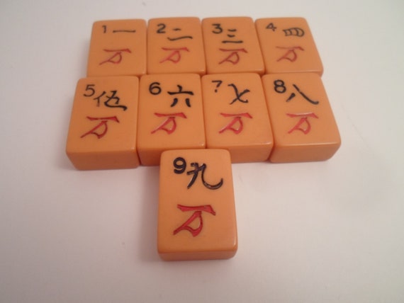 Antique 9 Mahjong Butterscotch Bakelite Symbolic Game Tiles for Jewelry or Collection Numbers Letters