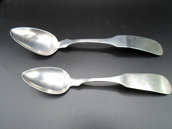 2 Antique J Draper Coin Silver Spoons Large 8.50"l and 7..25"Long 1850's