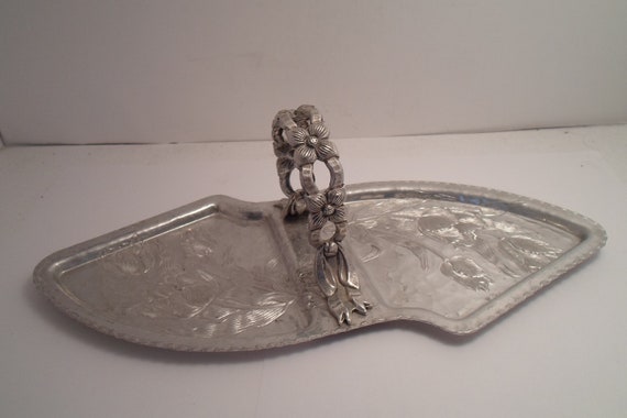 Mid Century Aluminum Engraved Pressed Tulips Tid Bit Tray with Daisy Chain Handle signed on back Superb Serving Farm to Table 1950's Art