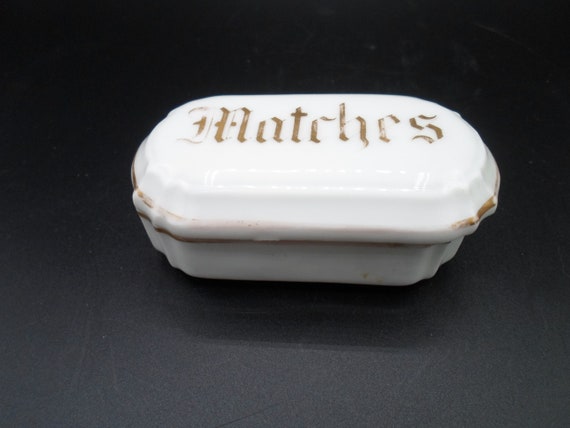 Antique Porcelain Matchstick Box Matches Gold Leaf Trim 3.25"x 2" Marked on Bottom Chip inside edge