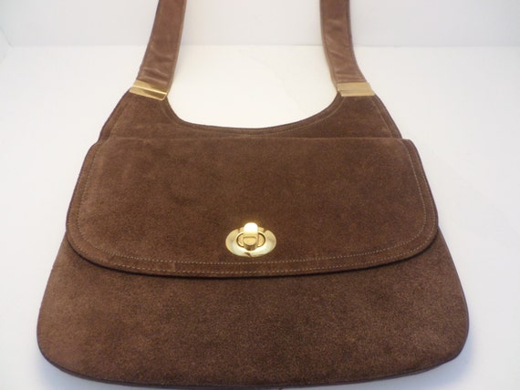Vintage Susan Gail suede and leather saddlebag purse chocolate brown gold hardware