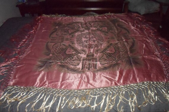 Antique World War II Art Deco Tri Color Silk 45" Square Shawl 12" Long Fringe Stunning Blue Pink Ecru Very Good Condition Scarf Cover