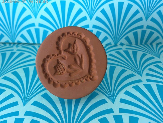 RyCraft Terra Cotta Cookie Stamp, Folk Art Floral Heart, Robins Egg Blue Glaze