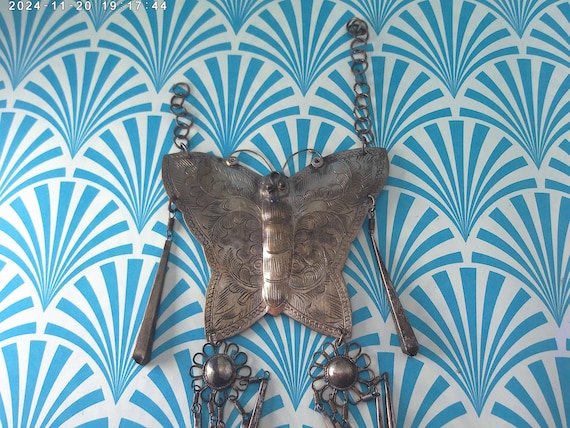 Vintage East Asian Butterfly Pendant: Silver Tone Metal Tassels