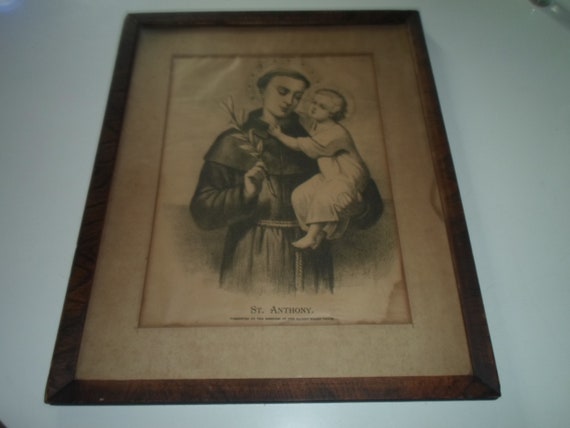 Vintage Art Deco Antique Saint Anthony and Child Jesus Presented to The Members of the Sacred Heart Union Faux Painted Frame As Is