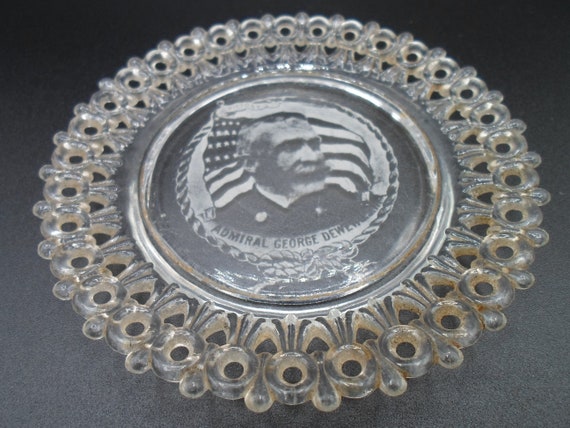 Antique 1898 Admiral Dewey Souvenir Plate US Glass Co Spanish American War History! Trinket Dish Conversation piece.