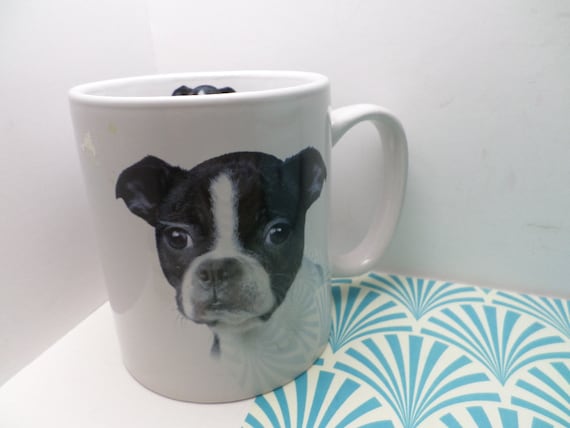 super cute 16 ounce Boston Terrier puppy face big white mug