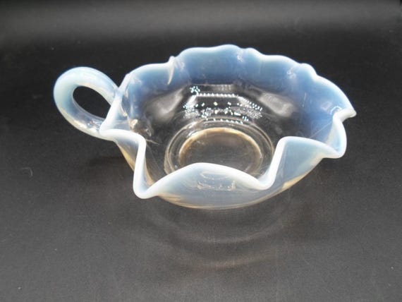 Vintage Antique Uranium Opalescent Ruffled Glass Handled Nappy Trinket Bowl Adorable for Earrings Keys Make Up
