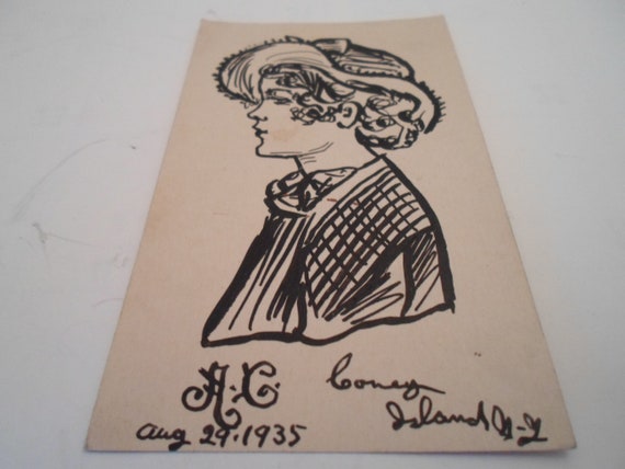 Antique Art Deco 1935 Coney Island New York Boardwalk Drawing Sketch Lady in Hat Signed A C
