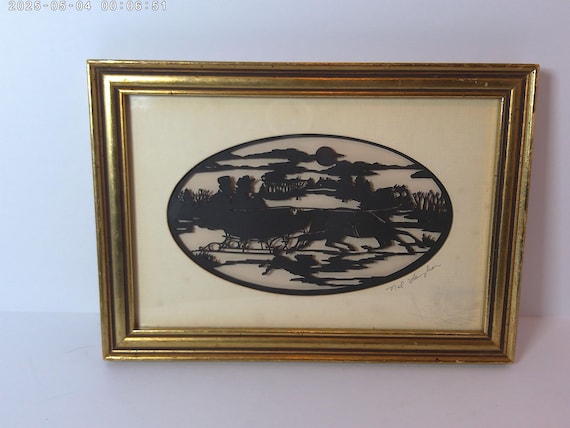 Vintage 80's artist Nel Laughon silhouette cut out framed art man and woman horse and carriage dog running along side