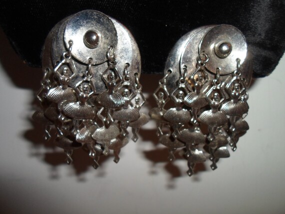 Vintage Art Deco Dance Ballerina Earrings Multiple Chandelier Hanging Dancers Polished Steel Rare Stunning Clip On Style Rare Theme Chic