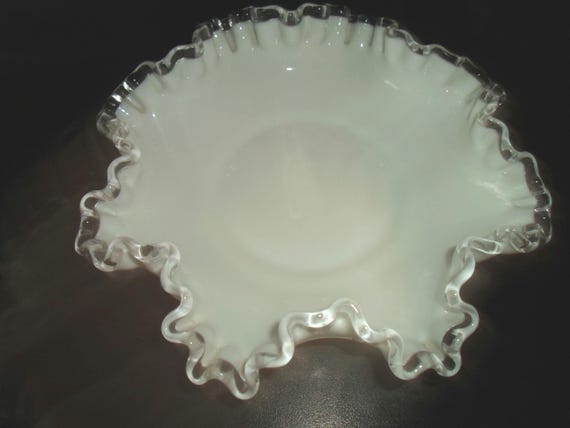 Vintage White Milk Glass Silver Crest Bowl 8"wide 2.20"h Stunning Clear edged Low Bowl
