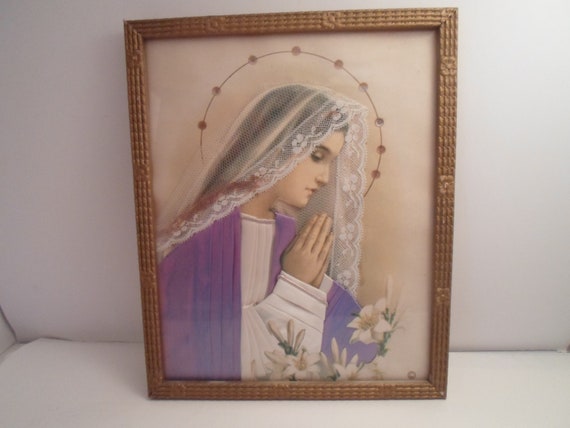 Art Deco Religious Picture Blessed Mother Mary Silk Netting Beads Hair Cord all Creating a Life Like Spiritual Effect of Grace Bo Ho