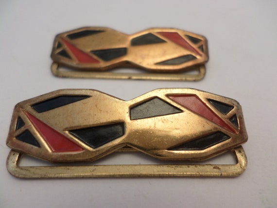 Vintage Art Deco 1920's black red gold metal hardware belt shoe clips jewelry part pioneer