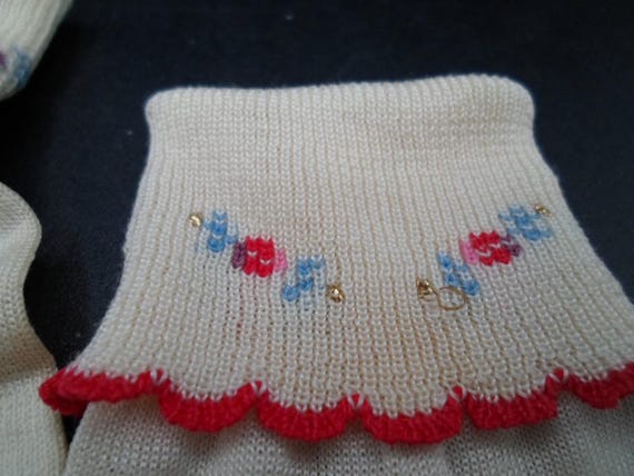 Vintage Child's Socks Embordered Flowers Metallic Gold Faux Beads Adorable Like New Old Stock