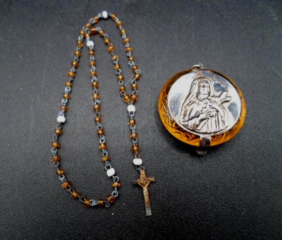 Vintage Mini Rosary in Glass Casket Case Rare Catholic Antique Tiny beads