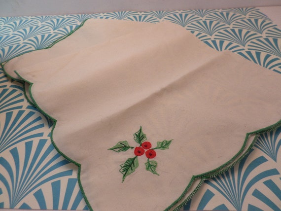 vintage embroidered  holly 15" handkerchief holiday Christmas linen