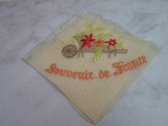 Vintage Souvenir of France Silk Hankie Adorable 1940's