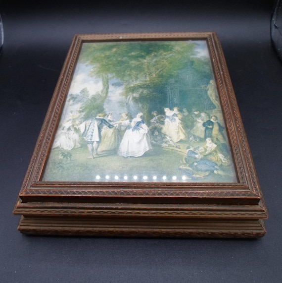 Vintage Antique 1940's Jewelry Trinket Box Wood Glass Top Print Mirror Inside Glass Bottom