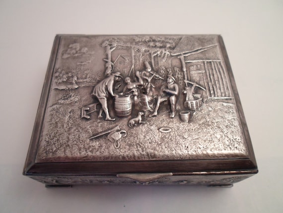 Antique Silver Cedar Lined Box Made In Denmark Detailed Dimensional Figural Scene 4"x 3"x 1.50" Dogs People Music Houses Barrel Pot Tools
