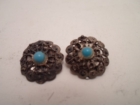 Vintage Sterling Silver Turquoise Clip Earrings Roadside Stand  1940's