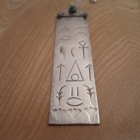 Vintage TR Kemerly Sterling Silver Egyptian Pendant and chain Ankh Hieroglyphs Drawings Jade 1980's