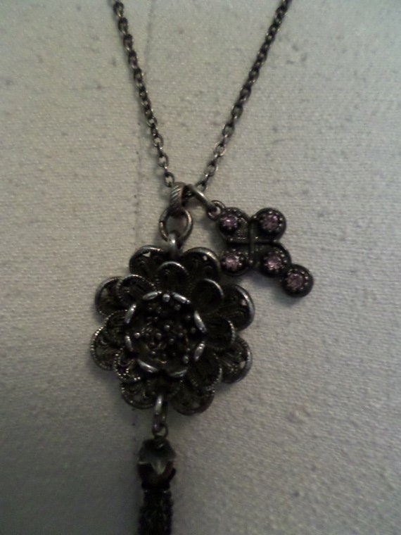 vintage90's LUCKY tassle necklace lilac cross charm, tassle flower boho necklace