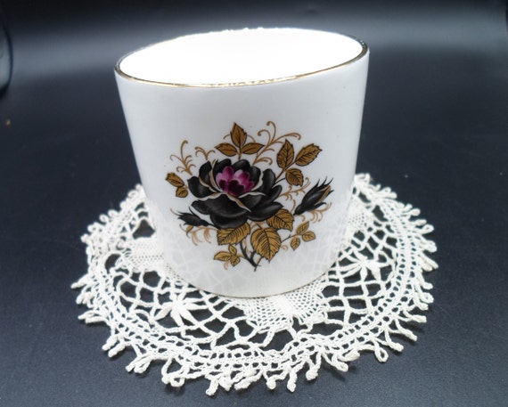 Vintage Rosina Handless Tea Cup Made in England Plum Rose and Black Roses Metallic Gold Leaves Trinket Cup Signed 2.50"high