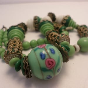 Fabulous Vintage art glass beads jadite green white 1930&#39;s deco necklace