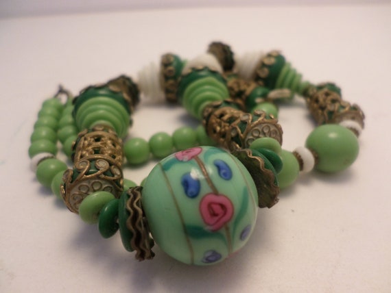 Fabulous Vintage art glass beads jadite green whi… - image 1