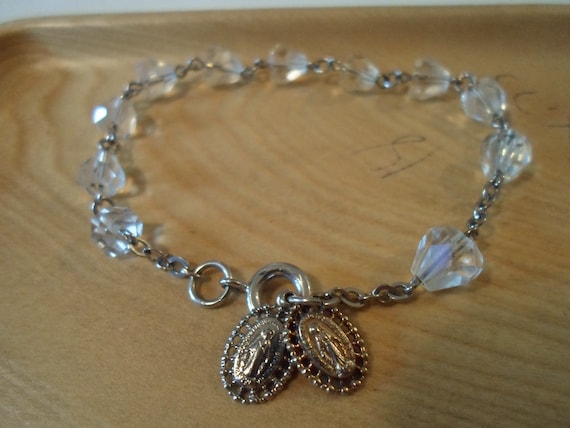Vintage Miraculous Medal Rosary Bracelet Devotion to BVM Crystal Faceted Beads Gold and Silver Tone Mini Medals 1980's
