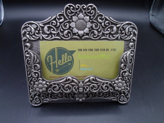 Vintage Business Card Holder Engrave with Sunflowers and Vines Easel Backed Pewter 5"x4"
