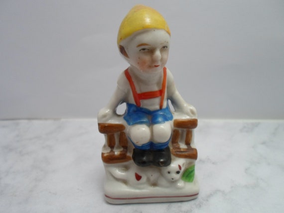 Occupied Japan Boy Sitting on Fence with Dog Adorable Shelf Figurine 1940's