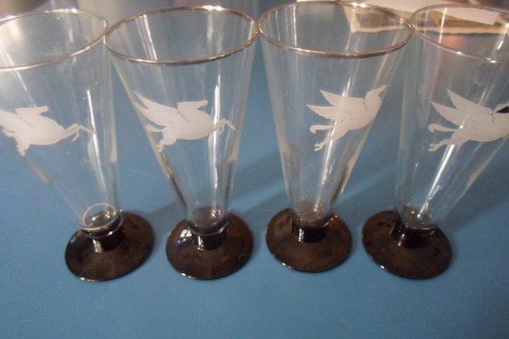4 Art Deco Original Signed France Pilsner Glasses Pegasus Mythical Winged Stallion Mobil Oil Symbol Black amethyst hand blown