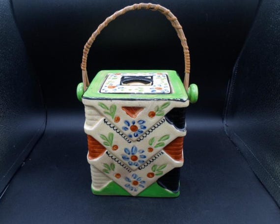 Art Deco Biscuit Cookie Jar Hand Painted Willow Handle 1930's Perfection Japan