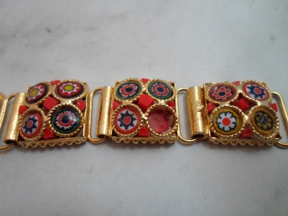Vintage Bracelet Mosaic Painted Tiles Floral Gold… - image 9
