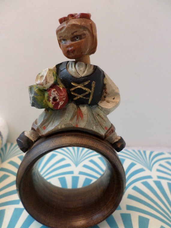 Vintage 40's folk art carved wood bobble head Austrian girl napkin ring