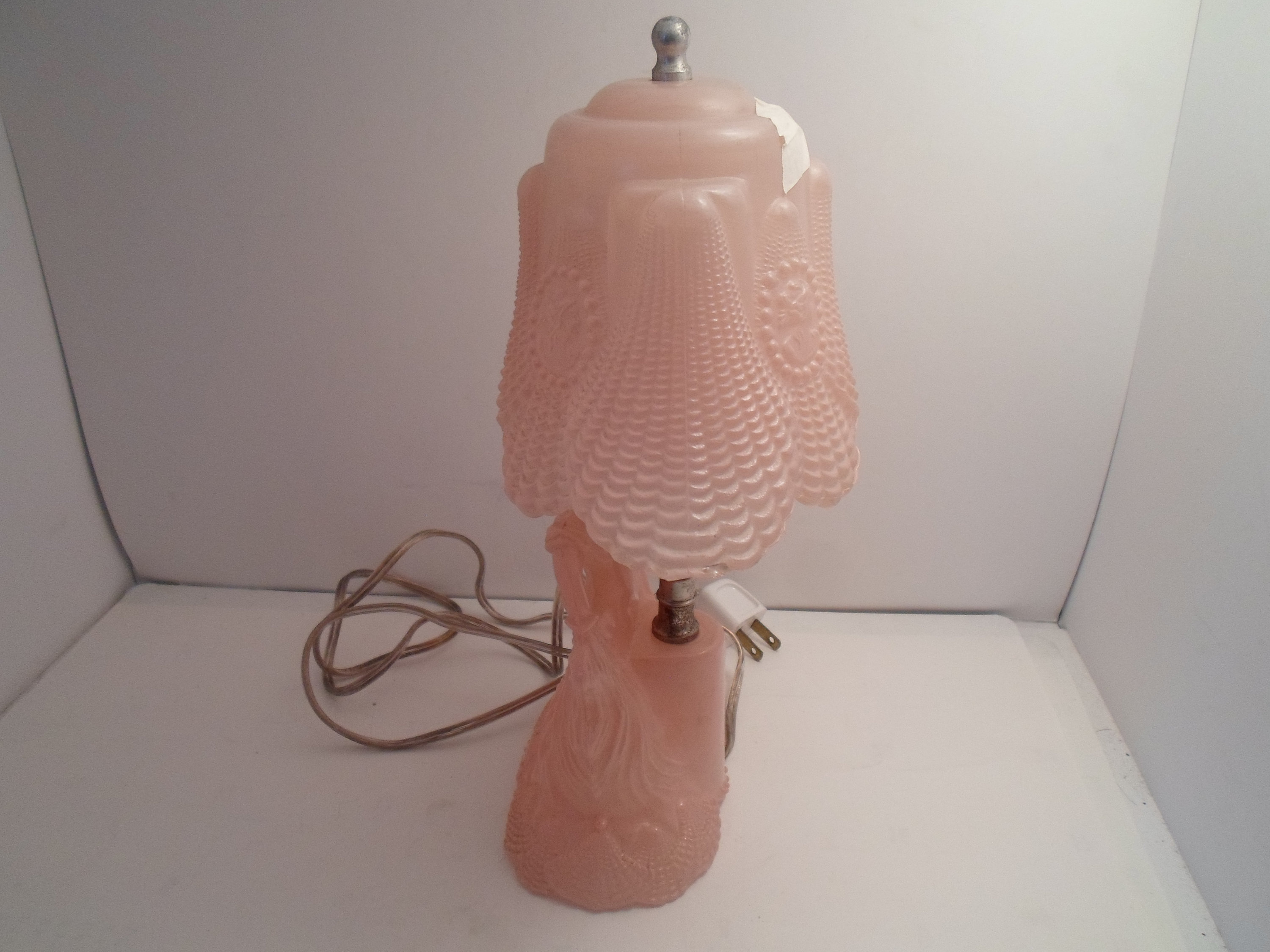 Vintage Antique Dancing Pink Lady Camphor Glass Boudoir Lamp and Shade Works Rare and Unusual