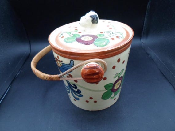 Art Deco Dog Head Biscuit Cookie Jar Hand Painted Willow Handle 1930's Japan Excellent