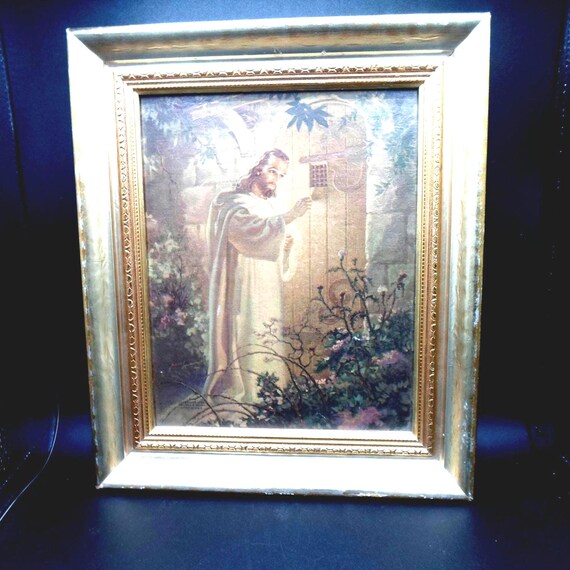 Vintage Warner Sallman Print: Jesus Knocking, Gold Leaf Frame