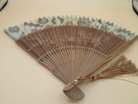 Vintage Silk Hand Fan Carved Wood Stallions Horse… - image 3