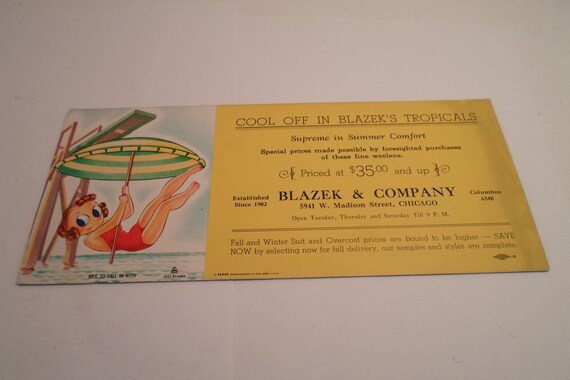 Vintage Paul Benson Whimiscal Pin Up Art Ink Blotter Nice to Fall in With Advertising for Tropicals Taylored Suits Blazek Col Chicago